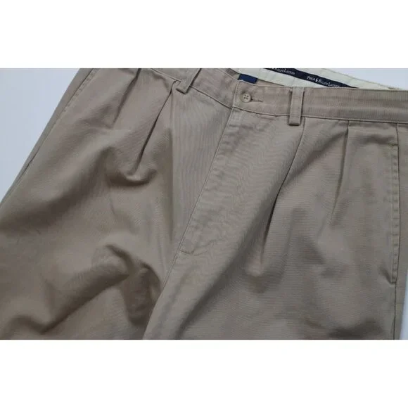 Vintage 90s Ralph Lauren Mens 32x30 Distressed Wide Leg Chino Pants Cotton Beige